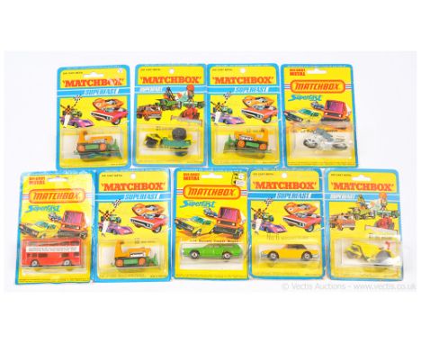 Matchbox Superfast group of U.S. issue models. Including 6b Mercedes 350 SL; 3 x 12C Big Bull Bulldozer; 17b Daimler Fleetlin