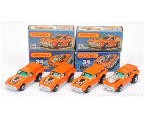 Matchbox Superfast 4 x 34b Ford Mustang Vantastic - all are white base - (1) exposed engine, fishtail side labels, turquoise 