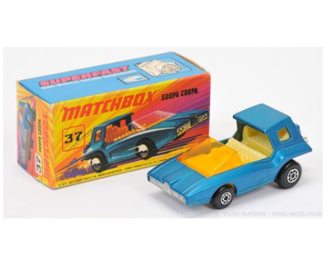 Matchbox Superfast 37b Soopa Coopa - darker shade metallic blue body, dark amber windows, RARE PALE YELLOW INTERIOR, bare met