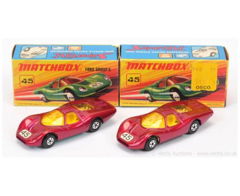 Matchbox Superfast 2 x 45a Ford Group 6 - Including; (1) metallic magenta body with racing number 45 nose label, light amber 