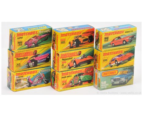 Matchbox Superfast group of original empty boxes. Including Type H Box with "New" for 4b Gruesome Twosome; Type H Box without