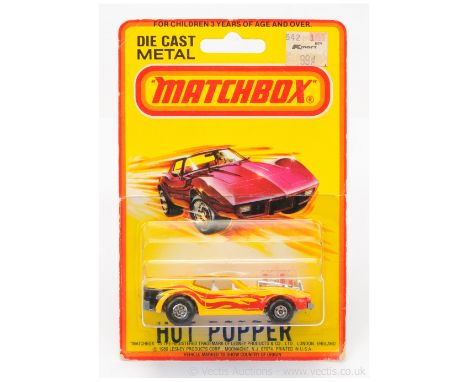 Matchbox Superfast 10b Ford Mustang Piston Popper - US Issue Hot Popper - Yellow body with black &amp; red flame tampo print,