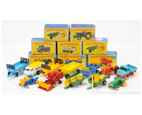 Matchbox Regular Wheels Group of Mostly Farm Vehicles &amp; Trailers. Boxed models include (1) 39c Ford Tractor (tyres very l