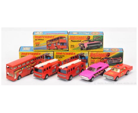 Matchbox Superfast group of early to mid 1970's issue models. Including (1) 17b Daimler Fleetline Londoner Bus; (2) 35a Merry