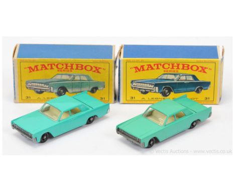 Matchbox Regular Wheels 2 x 31c Lincoln Continental - both are sea green body, bare metal base - (1) darker shade body - Exce