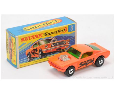 Matchbox Superfast 8b Ford mustang Wildcat Dragster - orange body with Type 1 labels, dark yellow interior, light orange base