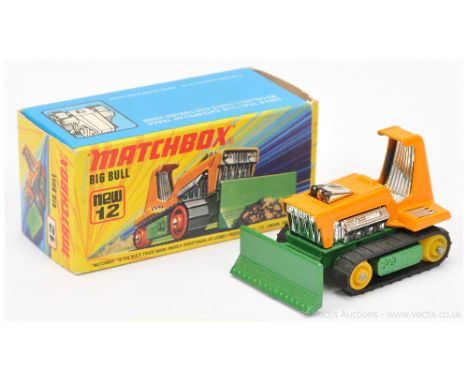 Matchbox Superfast 12c Big Bull Bulldozer - metallic emerald green chassis &amp; blade with braces, RARE YELLOW PLASTIC HUBS,