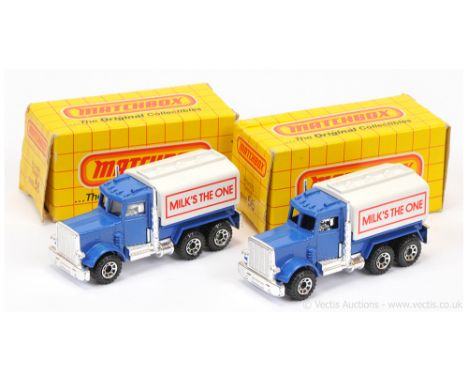 Matchbox Superfast 2 x 56d Peterbilt Tanker - both are blue body without hood &amp; door tampo print, white plastic tank with