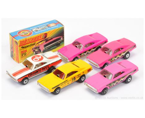 Matchbox Superfast 4 x 70b Dodge Charger Dragster - (1) pink body with light green snake labels, primrose yellow base, small 