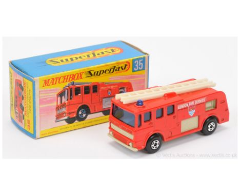 Matchbox Superfast 35a Merryweather Marquis Fire Engine - bright red body, RARE CREAM GRILLE &amp; BASE, 5-spoke wide wheels 