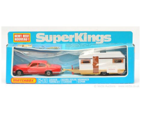 Matchbox Super Kings K69 Caravan Touring Set. Containing (1) Jaguar XJ12 - red body, ivory interior &amp; tow bar, light ambe