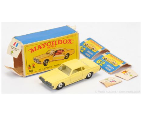 Matchbox Regular Wheels 62c Mercury Cougar - Stannard Code 1 - pale yellow body (commonly referred to as cream), clear window