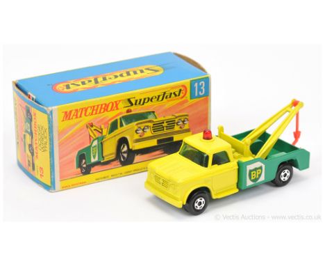 Matchbox Superfast 13a Dodge BP Wreck Truck - bright red plastic hook, small diameter 5-Spoke wide wheels with black axle cli