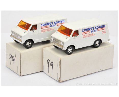 Matchbox Super Kings 2 x K11 Dodge Delivery Van PROMOTIONAL ISSUE "COUNTRY SOUND RADIO HAMPSHIRE" - both are white body, ligh