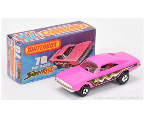 Matchbox Superfast 70b Dodge Charger Dragster - light pink body with light green Snake labels, gloss black base, large diamet