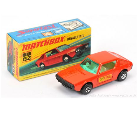 Matchbox Superfast 62c Renault 17TL - burnt orange model with Fire Shield door labels (from 22b Blaze Buster Fire Engine), tu