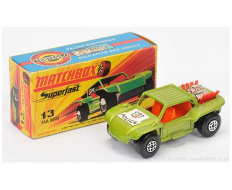 Matchbox Superfast 13b Baja Buggy - metallic lime green body with "Police" hood label (from 55a Mercury Police Car), orange i