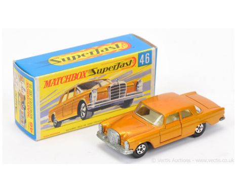 Matchbox Superfast 46a Mercedes 300 SE coupe - metallic orange- gold body with opening doors &amp; trunk, clear windows, whit