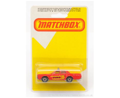 Matchbox Superfast 59b Mercury Park Lane Fire Chief Car - red body with fire shield door labels (from 64c Fire Chief Car), bl