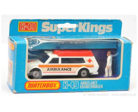 Matchbox Super Kings K49 Ambulance - white body with red roof, blue windows &amp; roof light, red interior, gloss black base,