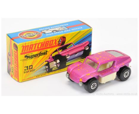 Matchbox Superfast 30b Beach Buggy - metallic candy pink body with low splatter of dark yellow spots, RARE IVORY INTERIOR, sm