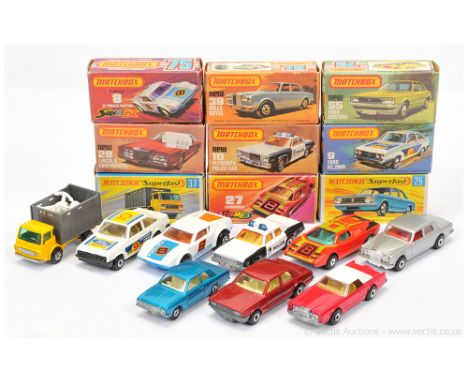 Matchbox Superfast Group of mostly Cars. (1) 8c De Tomaso Pantera; (2) 9c Ford Escort RS2000 with gloss black base; (3) 10c P