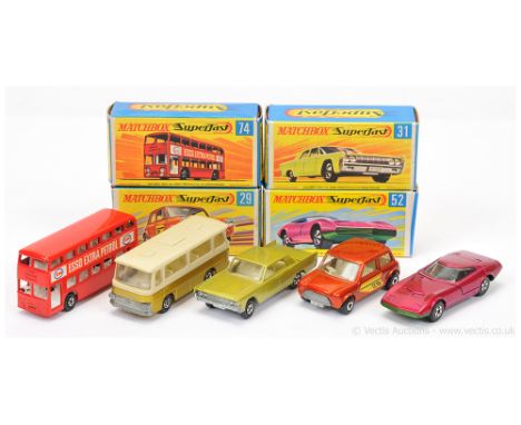 Matchbox Superfast group of early 1970's group of cars and buses. Including (1) 29b Racing Mini, Metallic Bronze body with or