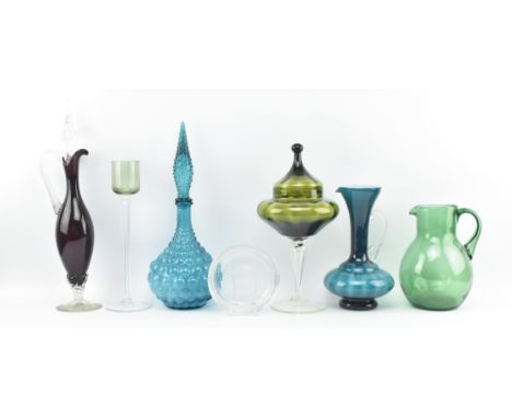 A collection of six pieces of vintage mid century glassware, many Empoli. The lot comprising Murano Empoli glass carafe in au