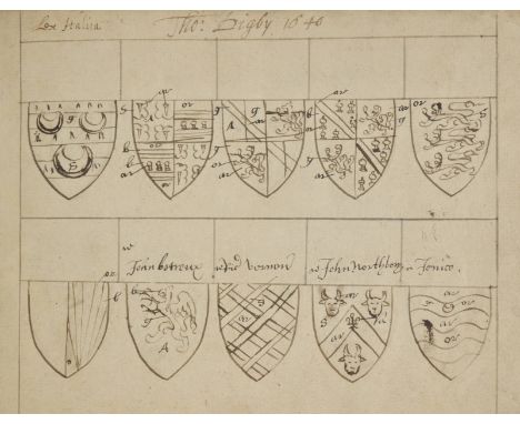 Heraldic Manuscript.  A Roll of Arms, copied by Thomas Digby, 1640,  brown ink on laid paper, the shields arranged in two row
