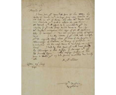 *Dugdale (William, 1605-1686). Autograph letter signed 'Wm Dug[dale], RougeCroix', 29 June 1640,  to an unnamed recipient, re