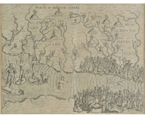 *Drayton (Michael). Untitled map of South Wales and North Devon and Somerset, [1612 - 1622], uncoloured engraved allegorical 