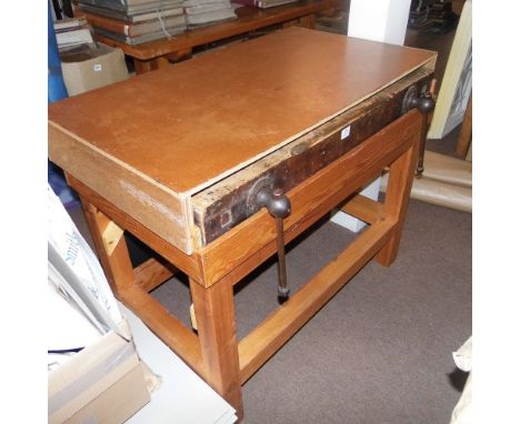 *Laying press and tub. A hardwood laying press and tub,  laying press with attached metal backing boards, approximately 66cm 