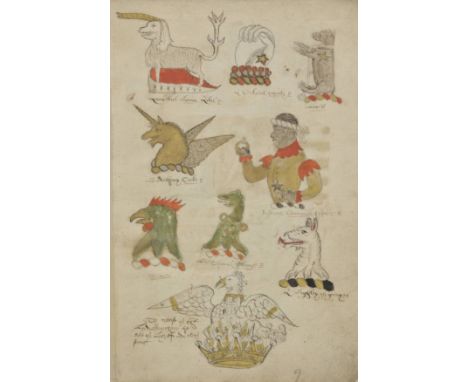Heraldry manuscript. Coates and Creasts of severall of the Nobillitie, circa 1578,  31 pages manuscript, neatly written in br
