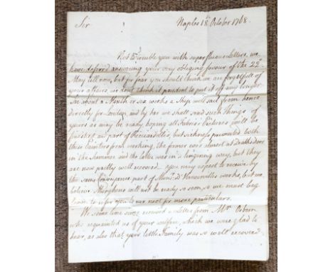 *[Grand Tour]. Autograph letter signed from the merchants Wills and Leigh, Naples, 18 October 1768,  to Sir George Pocock of 