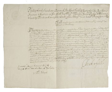 *Stanhope (Philip, 2nd Earl of Chesterfield, 1633-1714).  Manuscript licence issued in the name Philip Stanhope, Earl of Ches