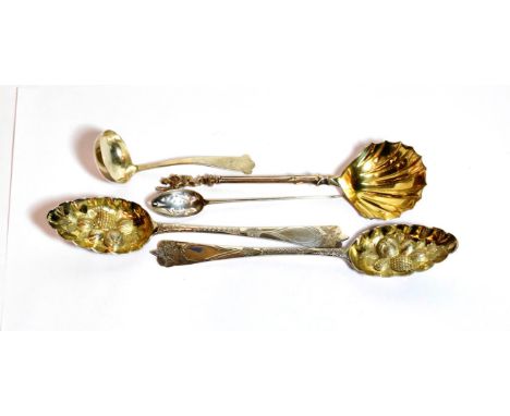 An assortment of silver flatware, comprising: a pair of Georgian silver table-spoons, later chased as berry spoons; a silver 