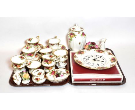 Various Royal Albert 'Old Country Roses' pattern porcelain including twelve tea cups and saucers, wall clock, various ornamen