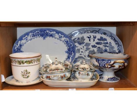 A shelf of ceramics including Ironstone tureens, blue and white meat plates, Minton cache pot etc
