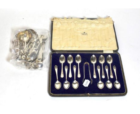 Assorted spoons and flatwares including cased set of twelve teaspoons and a pair of sugar-tongs, by Mappin and Webb, Sheffiel