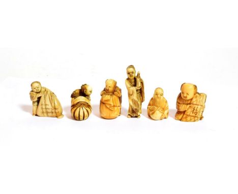 A collection of six Japanese ivory figural netsuke, Meiji period (1868-1912) various including scribe with tablet etc, rangin