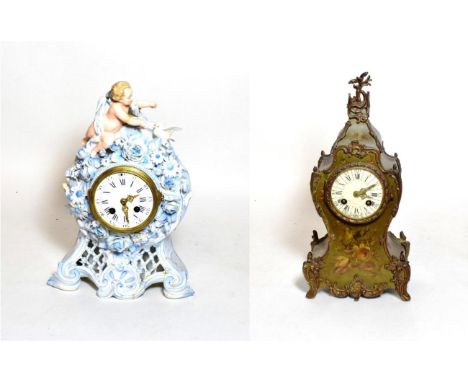 A ceramic encrusted striking mantel clock and a floral decorated striking mantel clock (2) 