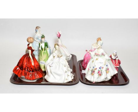 Eight porcelain figurines comprising a Royal Worcester 'The First Quadrille' Ltd edition no 6,657/12,500; two Coalport 'Ladie