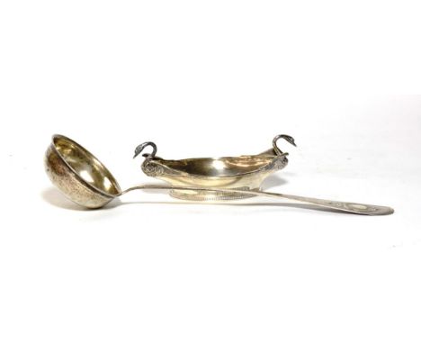 A George V silver dish, by Elkington &amp; Co. Birmingham, 1928 of bateau form with twin swan handles, 17cm length, approx 6 