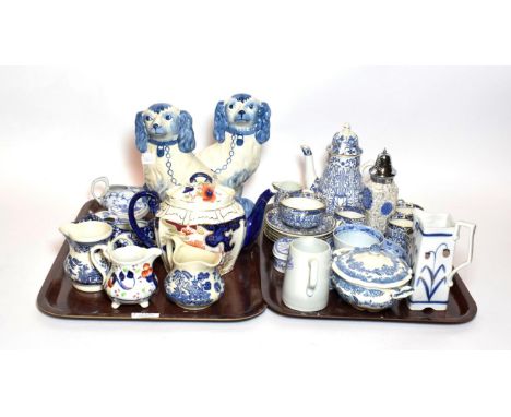 A collection of blue and white decorative ceramics including Spode, reproduction fireside dogs, asiatic pheasant meat plate; 