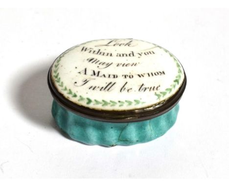 A late 18th century Bilston enamel patch box inscribed ''Look within and you may view a maid to whom I will be true'', mirror
