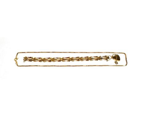 A gate bracelet, stamped '375' with a 9 carat gold padlock clasp (a.f.); and a 9 carat gold box link necklace, length 46cm (2