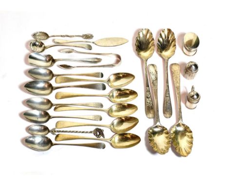 An assortment of silver flatware, including: four Georgian Irish spoons, later decorated as berry spoons; ten various Old Eng