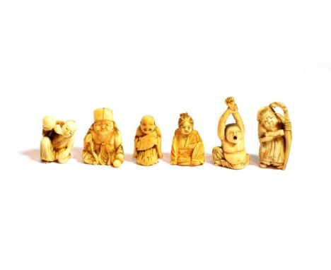 A collection of six Japanese ivory figural netsuke, Meiji period (1868-1912) various including seated man with double gourd e