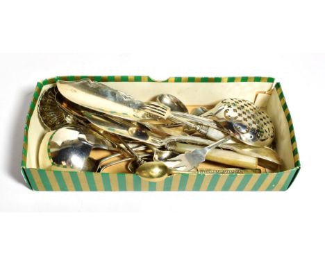 A quantity of silver flatware, including: a George III Old English pattern sifting spoon, London, 1768; a George III Fiddle p