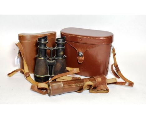 A three drawer brass and leather telescope inscribed 'Nelson 20x B.C &amp;co LTD E.C.I'' together with cased pair of swift 8.